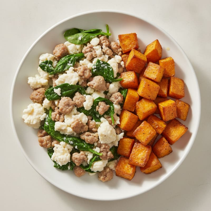 Egg White and Turkey Sausage Scramble with Spinach and Roasted Sweet Potato