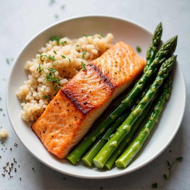 Seared Salmon with Steamed Asparagus and Brown Rice