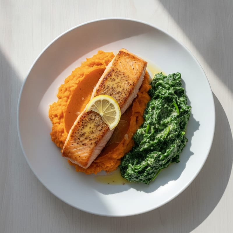 Seared Salmon with Creamy Spinach and Sweet Potato Mash