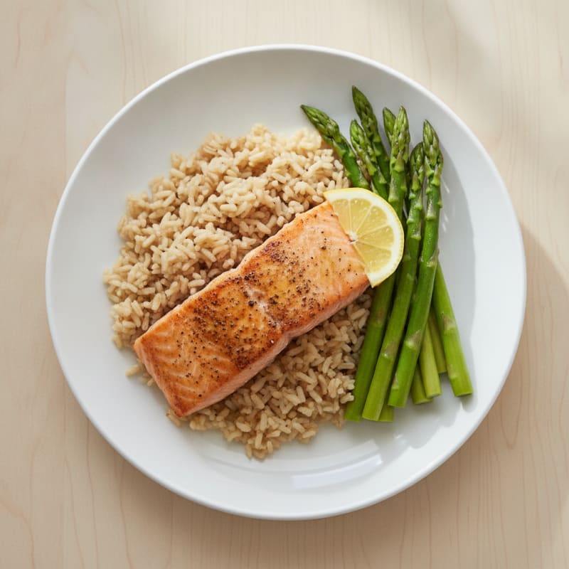 Seared Salmon Fillet with Steamed Asparagus and Brown Rice