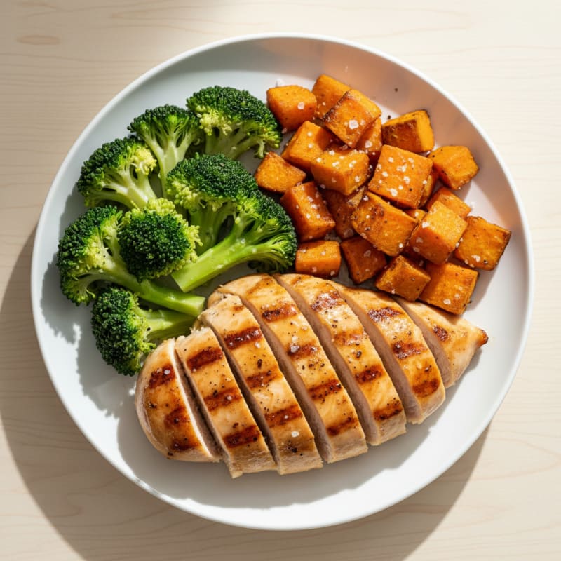 Grilled Chicken Breast with Roasted Sweet Potato and Steamed Broccoli