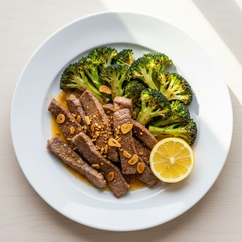 Seared Lean Beef Strips with Roasted Broccoli