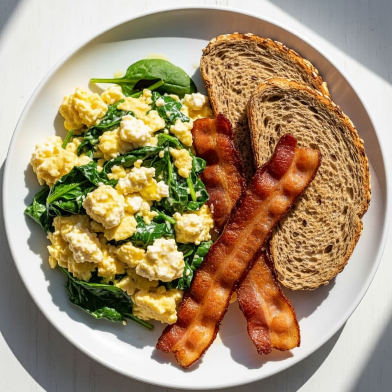 Cottage Cheese Egg Scramble with Spinach and Turkey Bacon