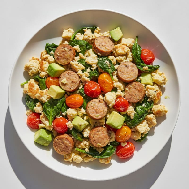 Egg White and Turkey Sausage Scramble with Spinach and Tomatoes