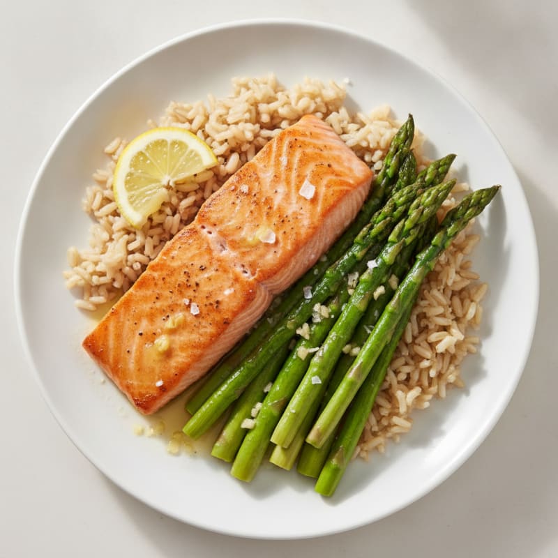 Seared Salmon with Garlic Asparagus and Brown Rice