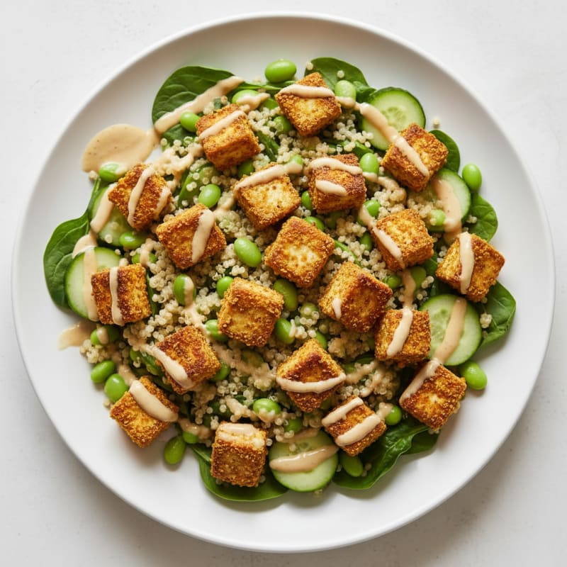 Crispy Tofu and Quinoa Power Salad with Lemon-Tahini Dressing