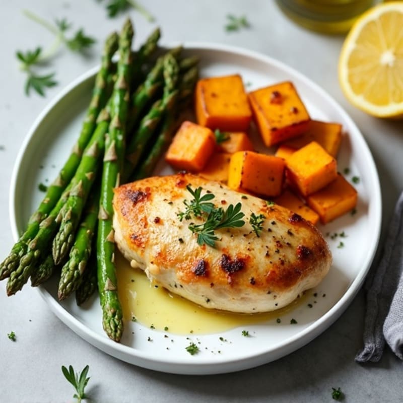 Lemon-Herb Pan-Seared Chicken with Crispy Roasted Asparagus and Sweet Potatoes