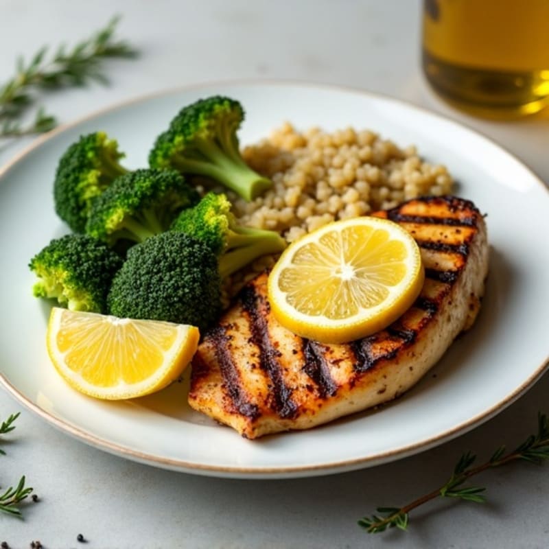 Grilled Lemon-Garlic Chicken Breast with Roasted Broccoli and Quinoa