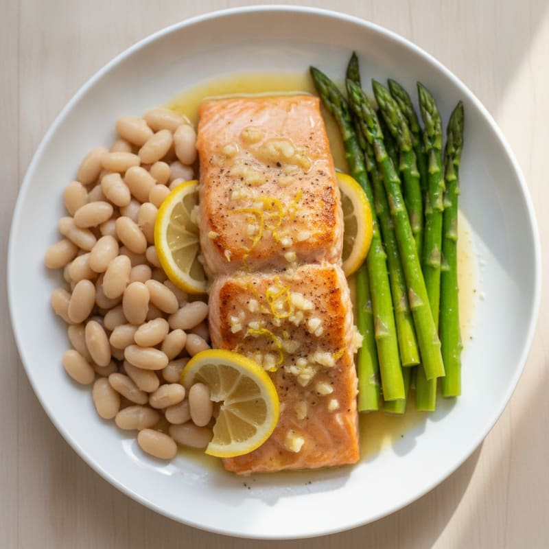 Baked Lemon Garlic Salmon with Steamed Asparagus and White Beans