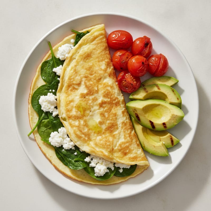 Egg White Spinach Omelette with Cottage Cheese and Cherry Tomatoes