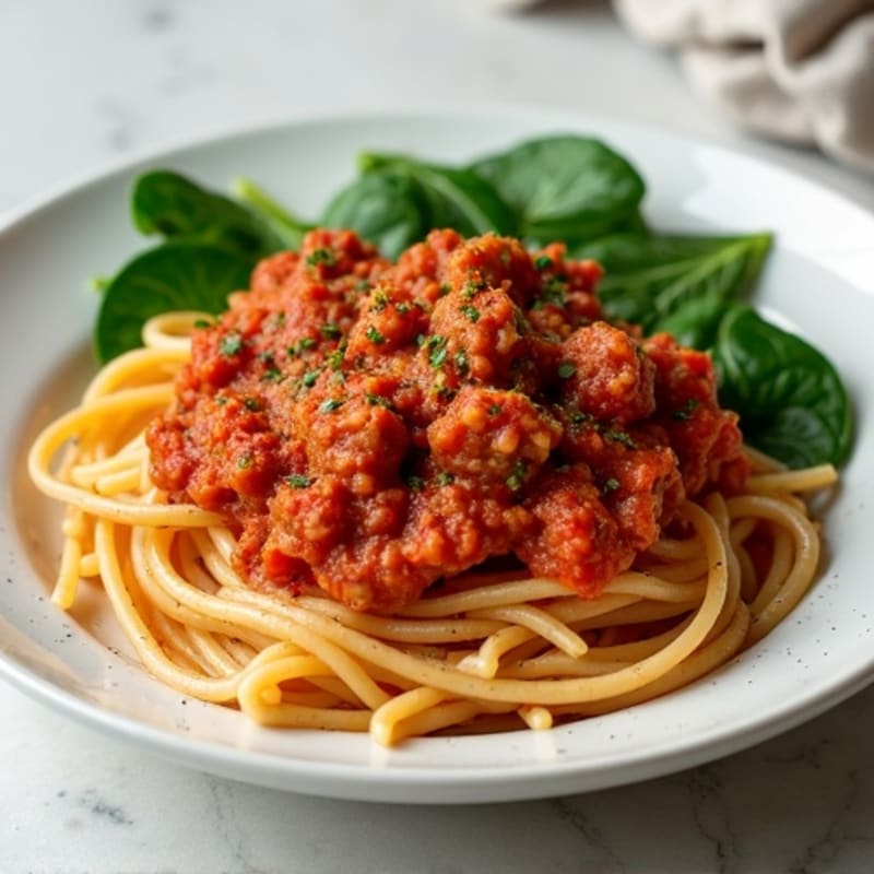 Hearty Turkey Bolognese with Whole Wheat Pasta and Spinach