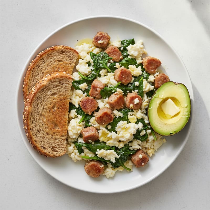 Crispy Turkey Sausage and Egg White Scramble with Spinach