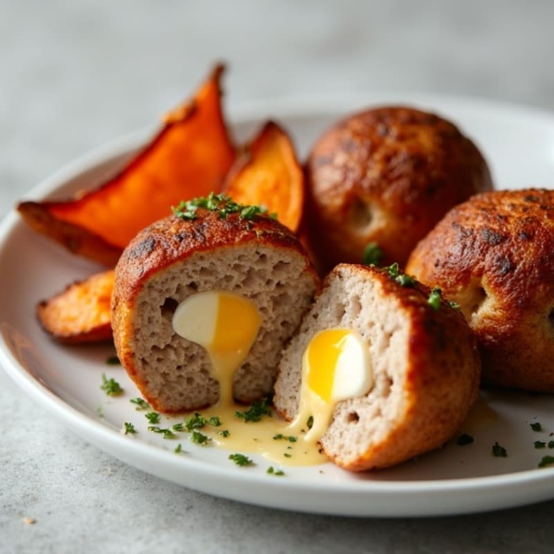 Baked Cheese-Stuffed Turkey Meatballs with Roasted Sweet Potato Wedges