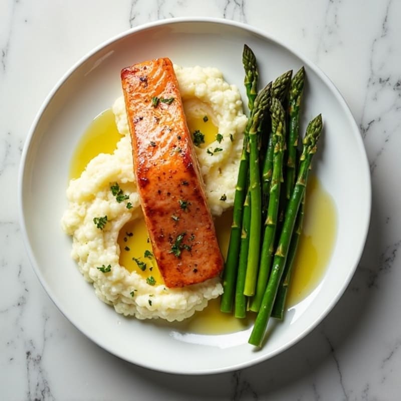 Seared Salmon with Steamed Asparagus and Garlic Mashed Cauliflower