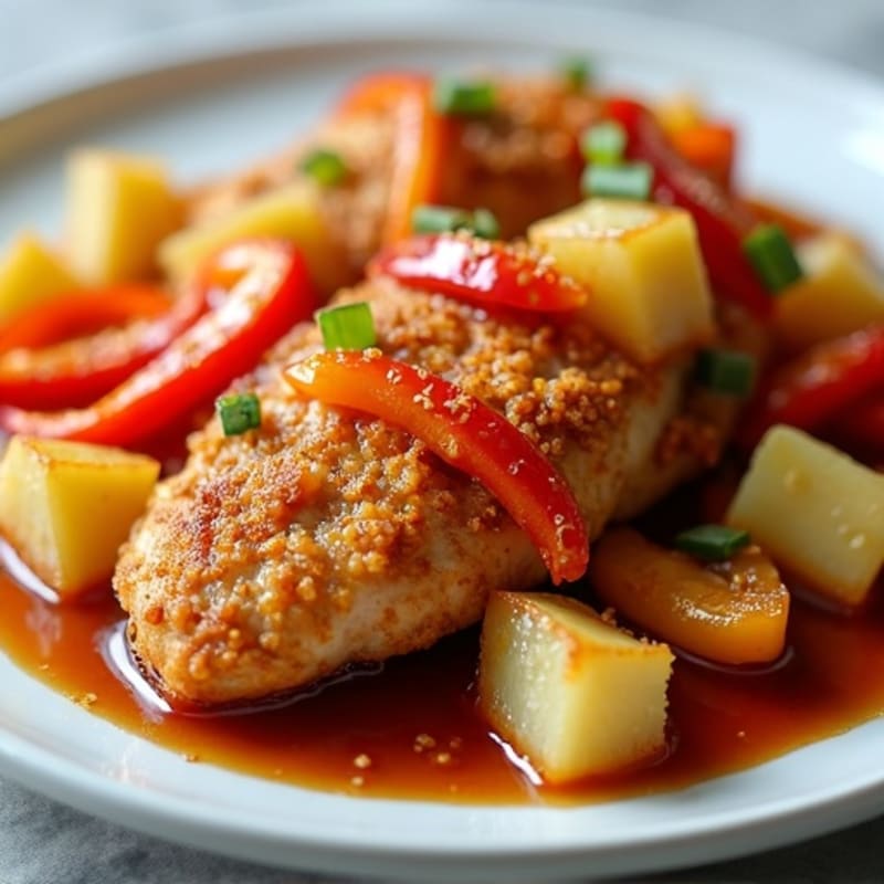 Crispy Sweet and Sour Chicken with Roasted Pineapple and Bell Peppers