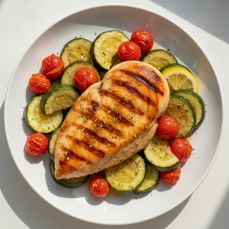 Grilled Chicken Breast with Roasted Zucchini and Tomato