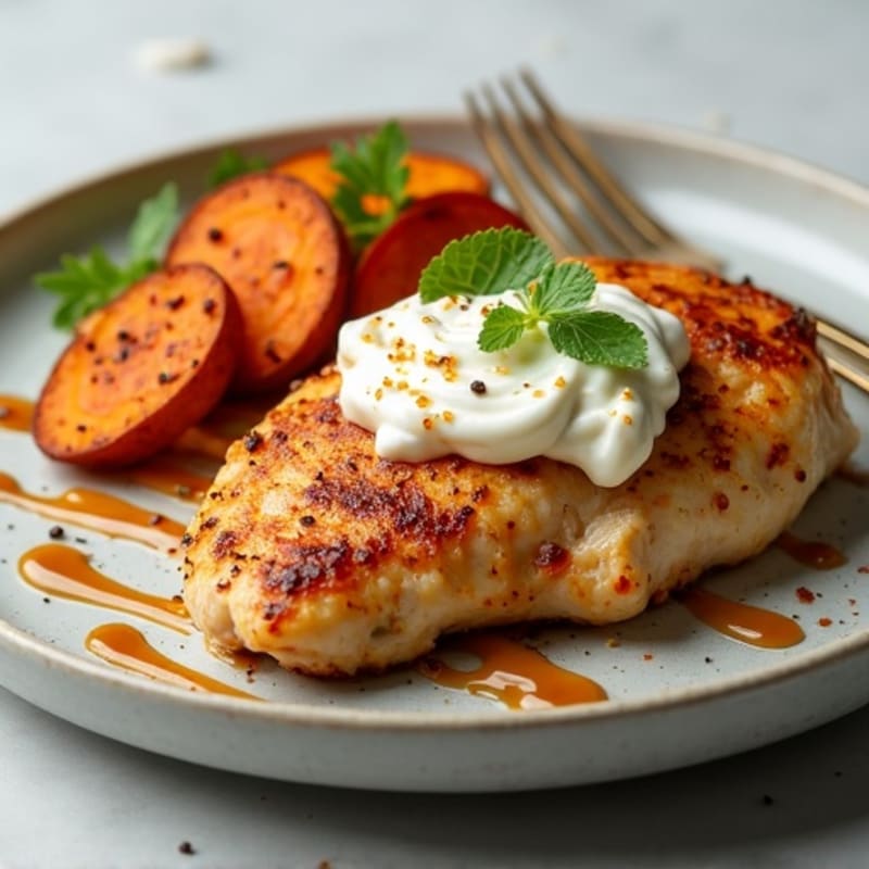 Pan-Seared Chicken with Creamy Whipped Ricotta, Roasted Sweet Potatoes, and a Salted Maple-Tahini Drizzle