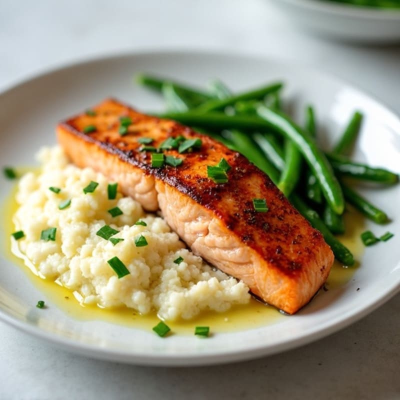 Seared Salmon with Steamed Green Beans and Cauliflower Mash