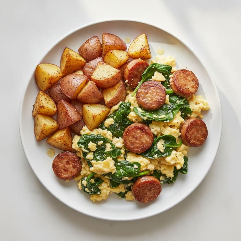 Crispy Turkey Sausage and Spinach Egg Scramble with Roasted Potatoes