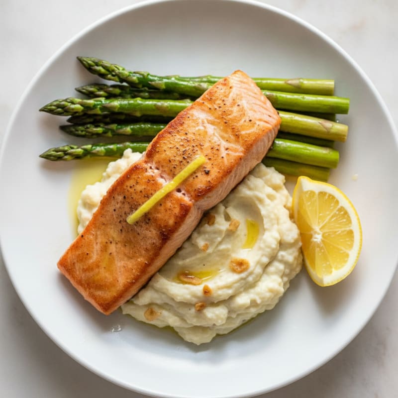 Seared Salmon Fillet with Steamed Asparagus and Garlic Cauliflower Mash