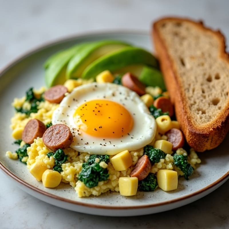 Creamy Cottage Cheese Scramble with Turkey Sausage and Sautéed Spinach