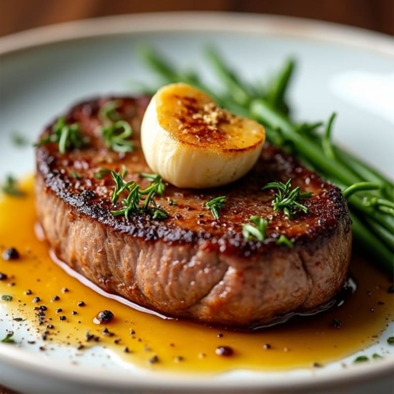 Herb-Crusted Pan-Seared Steak with Roasted Garlic