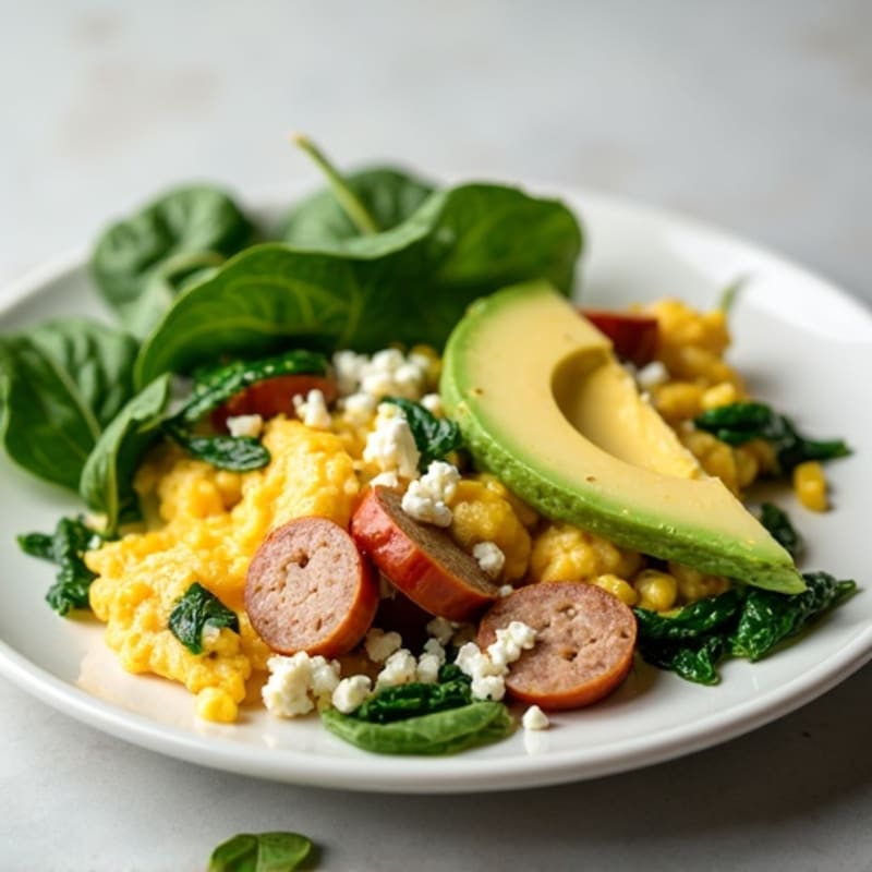 Egg White and Turkey Sausage Scramble with Spinach, Feta, and Avocado