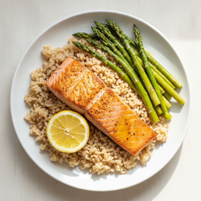 Seared Salmon with Steamed Asparagus and Brown Rice