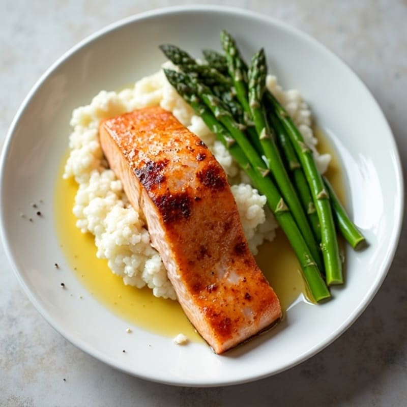 Seared Salmon Fillet with Steamed Asparagus and Cauliflower Mash
