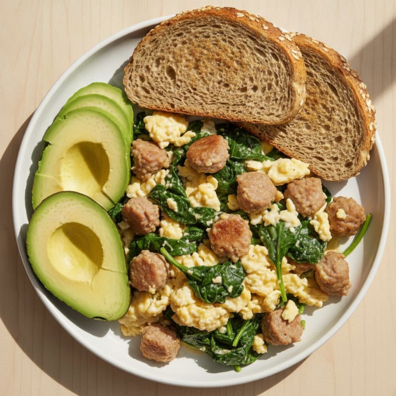 Egg White Scramble with Turkey Sausage and Sautéed Spinach