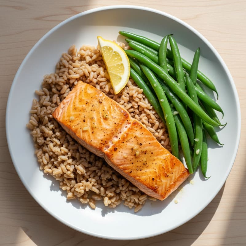 Seared Salmon with Steamed Green Beans and Brown Rice