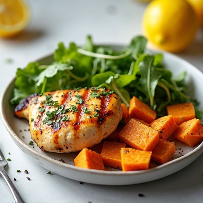 Lemon Herb Grilled Chicken with Roasted Sweet Potatoes and Fresh Greens