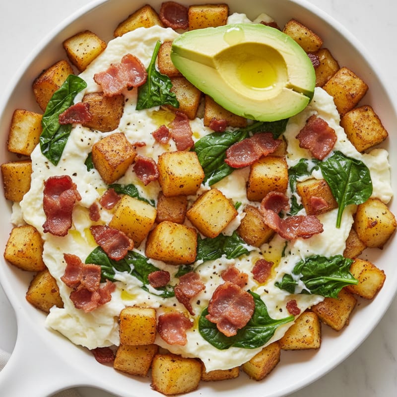Crispy Turkey Bacon and Egg White Breakfast Skillet with Spinach