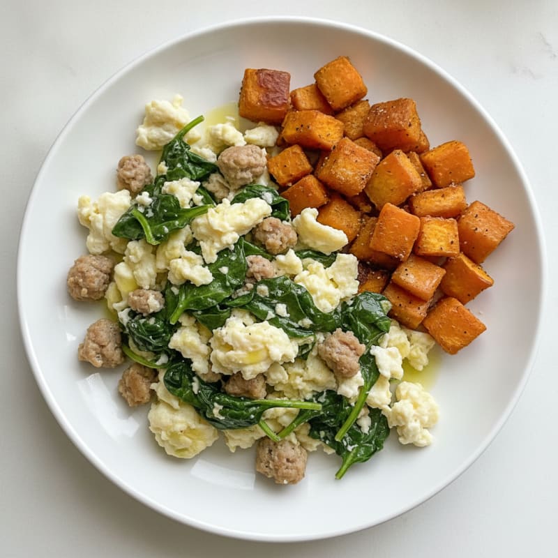 Egg White and Turkey Sausage Scramble with Spinach and Roasted Sweet Potato