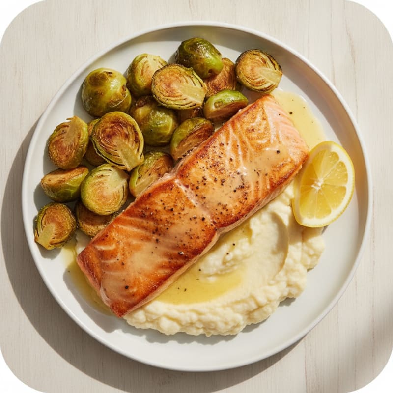 Seared Salmon Fillet with Roasted Brussels Sprouts and Cauliflower Mash