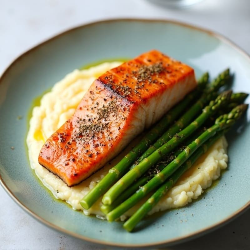 Seared Salmon with Steamed Asparagus and Cauliflower Mash