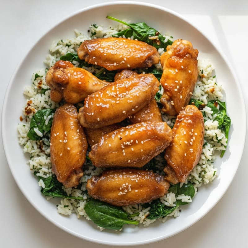 Honey-Garlic Chicken Wings with Spinach Rice