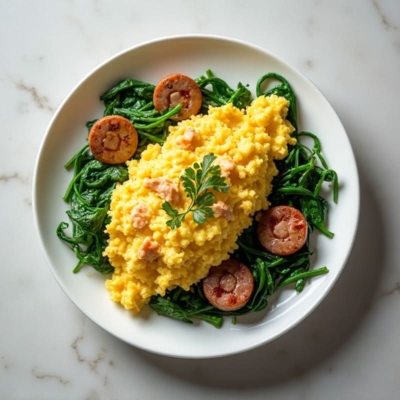 Egg White Scramble with Turkey Sausage and Sautéed Spinach