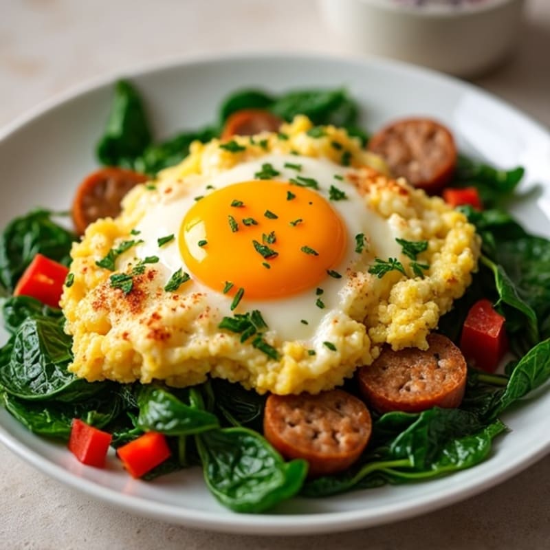 Protein-Packed Scramble with Sautéed Greens and Turkey Sausage