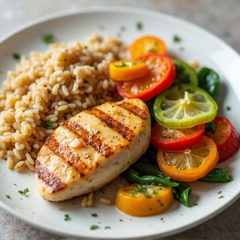 Grilled Citrus-Garlic Chicken Breast with Steamed Vegetables and Brown Rice