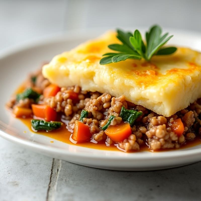 Lean Ground Turkey Shepherd's Pie with Creamy Garlic Potato Topping