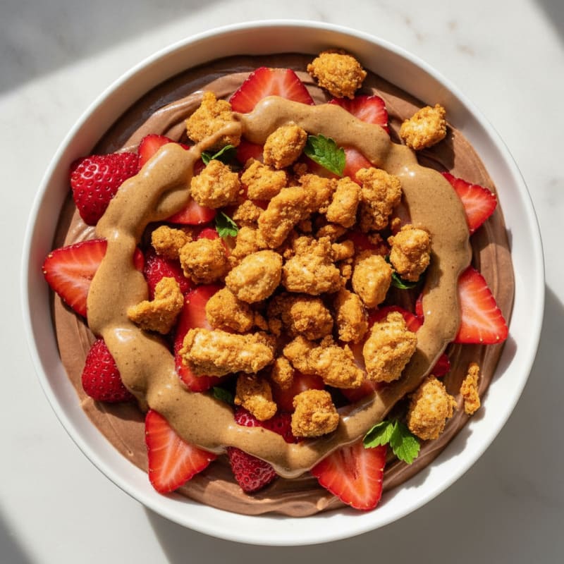 Chocolate Protein Yogurt Bowl with Chopped Chicken Crisps