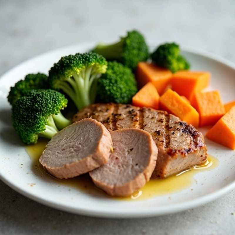 Seared Pork Tenderloin with Roasted Sweet Potatoes and Broccoli