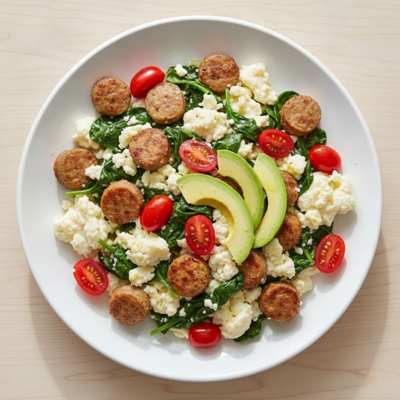 Egg White and Turkey Sausage Scramble with Spinach and Tomatoes