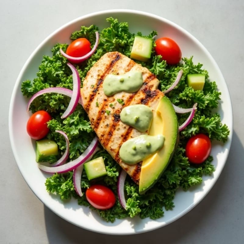 Kale Crunch Salad with Grilled Chicken and Creamy Avocado Dressing