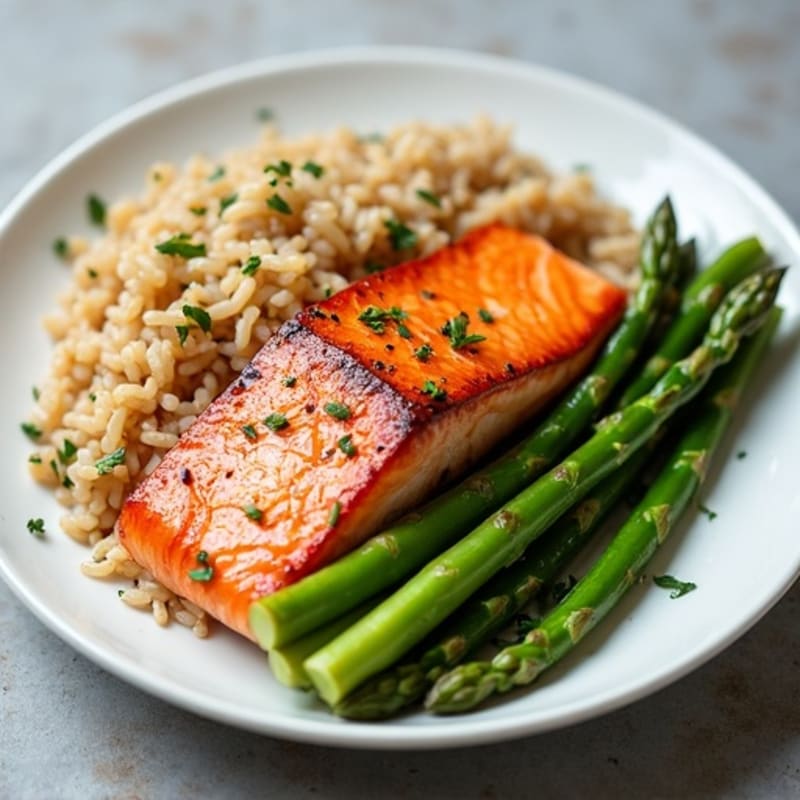 Seared Salmon with Steamed Asparagus and Brown Rice