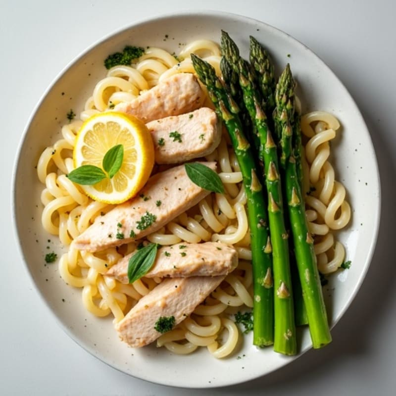 Creamy Lemon Chicken Pasta with Roasted Asparagus