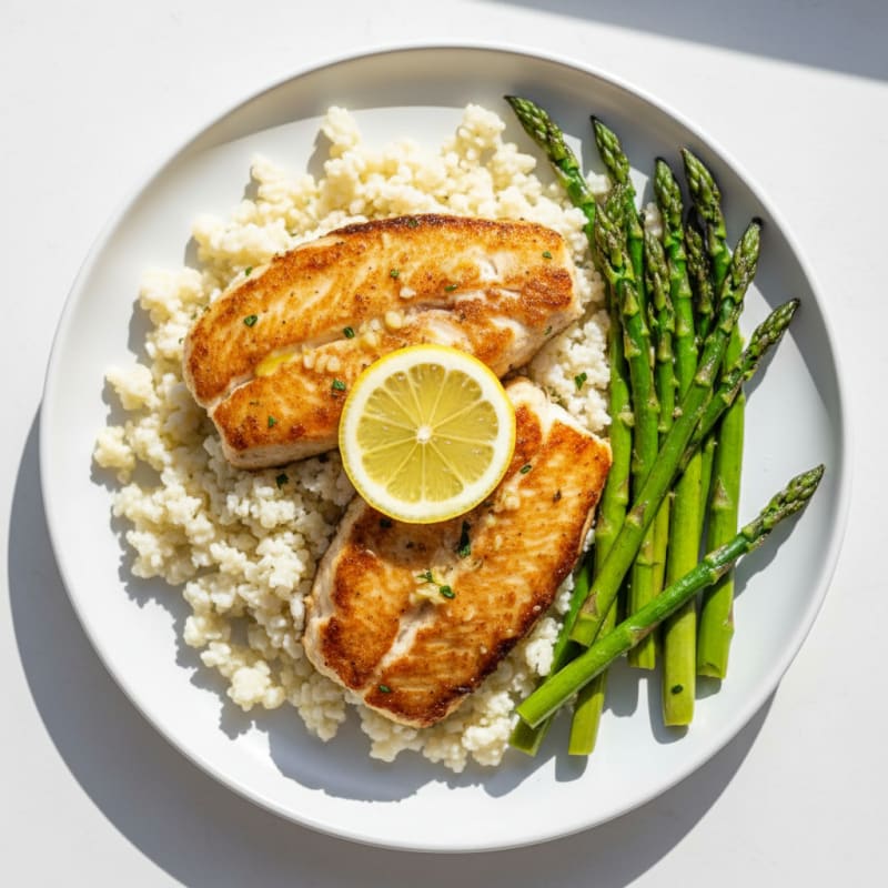 Seared Tilapia with Roasted Asparagus and Cauliflower Rice