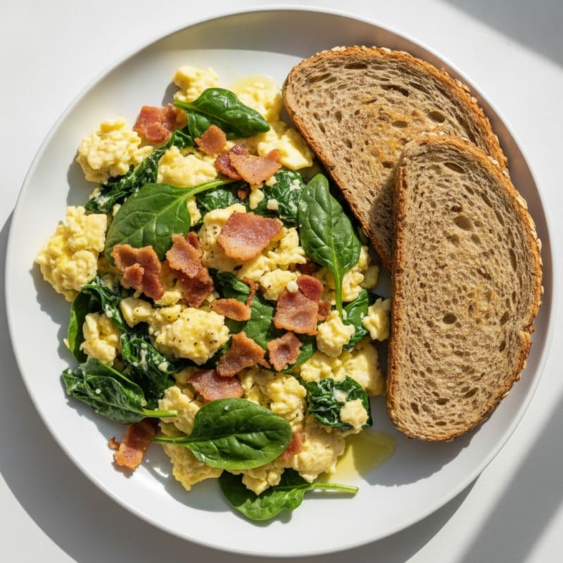 Crispy Turkey Bacon and Egg White Scramble with Sautéed Spinach