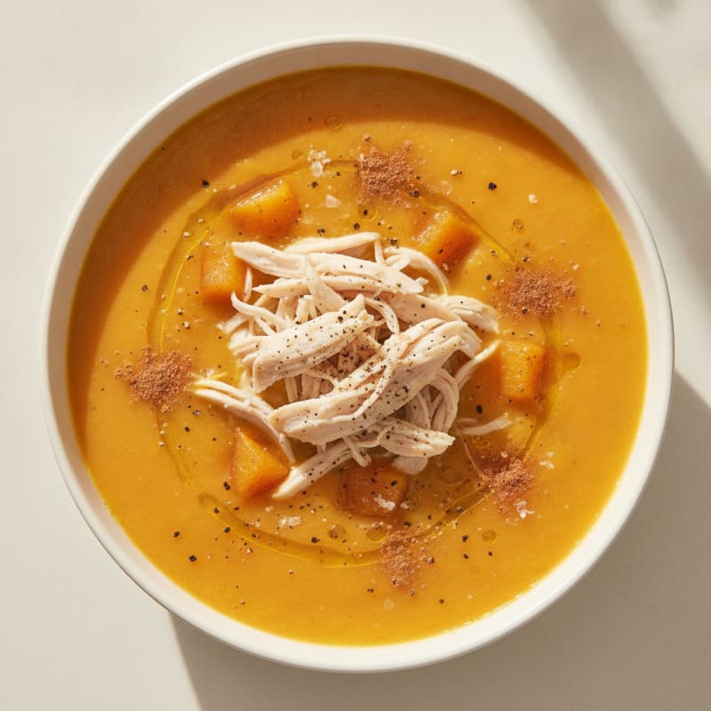 Roasted Butternut Squash and Apple Soup with Shredded Chicken